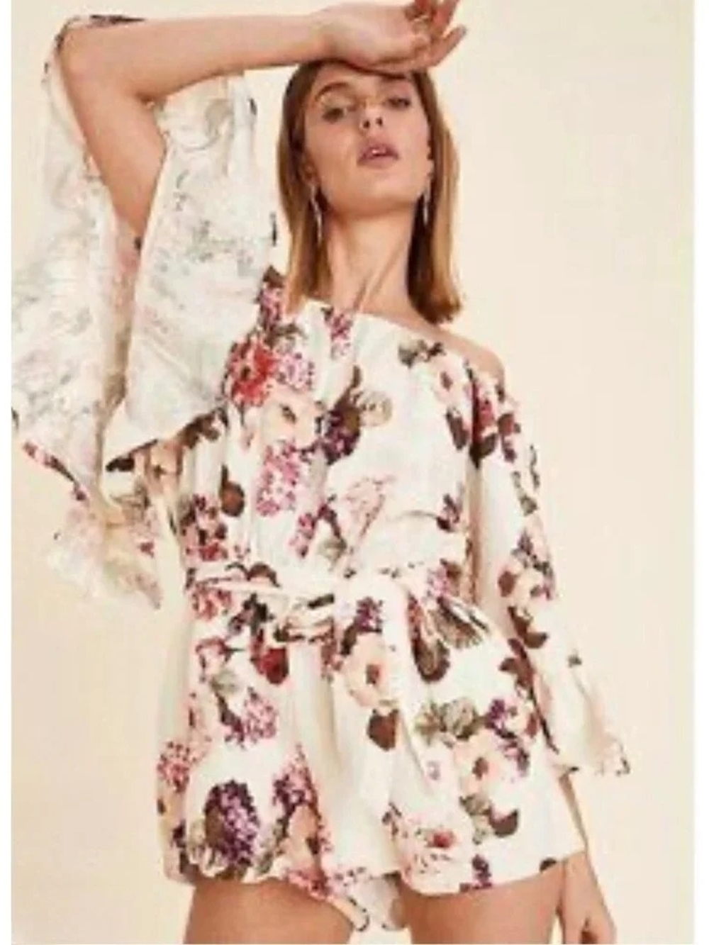 LPA Linen Cotton Off The Shoulder Floral Romper Medium Ruffle Bell Sleeve Lined